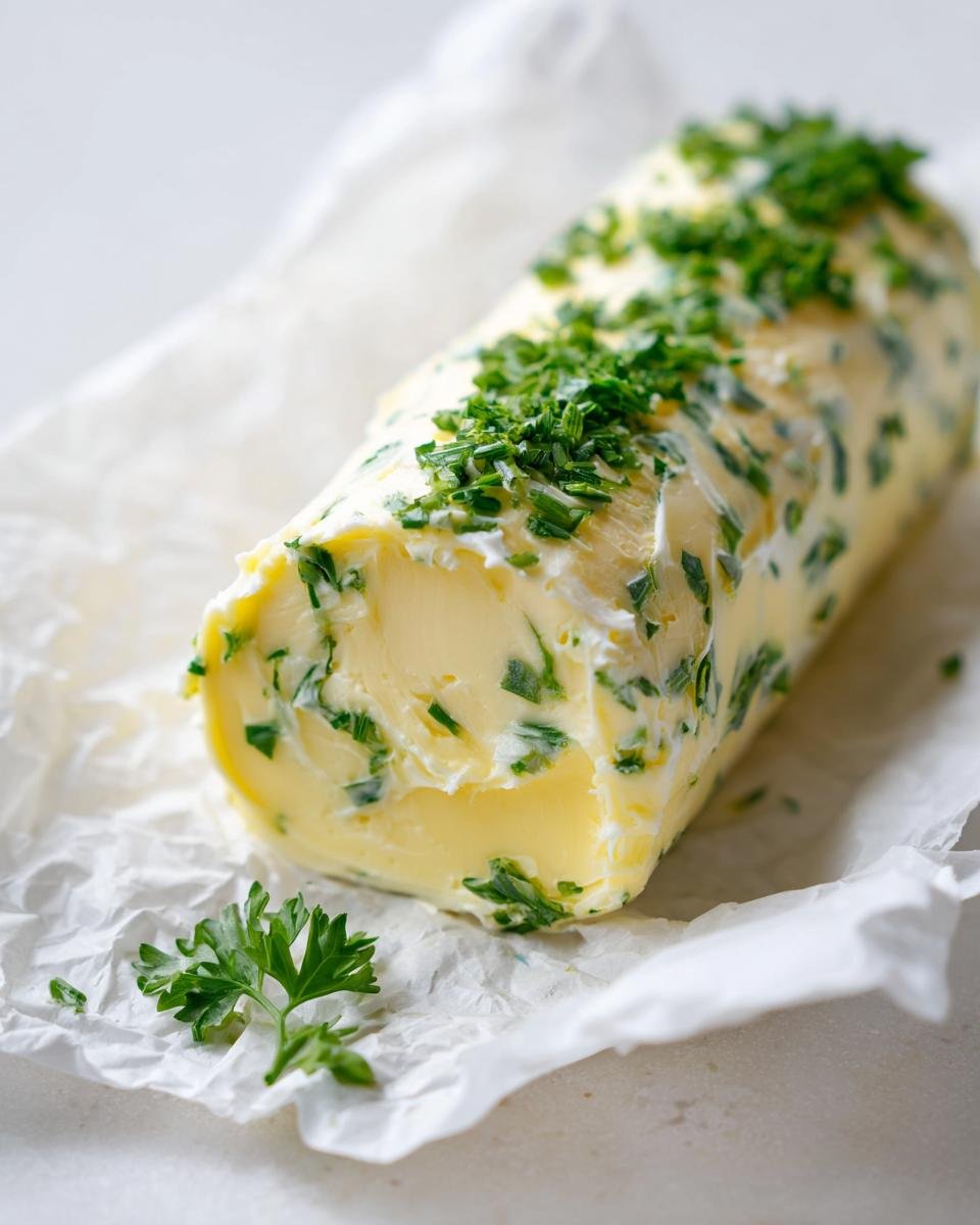 A log of freshly made garlic herb butter, rolled in parchment paper and topped with chopped chives.