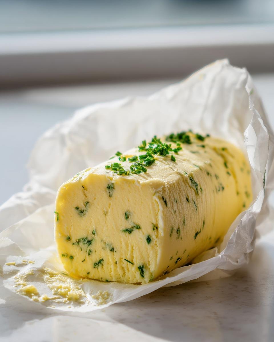 A log of bright yellow, homemade Garlic Herb Butter studded with green herbs, resting on white parchment paper.