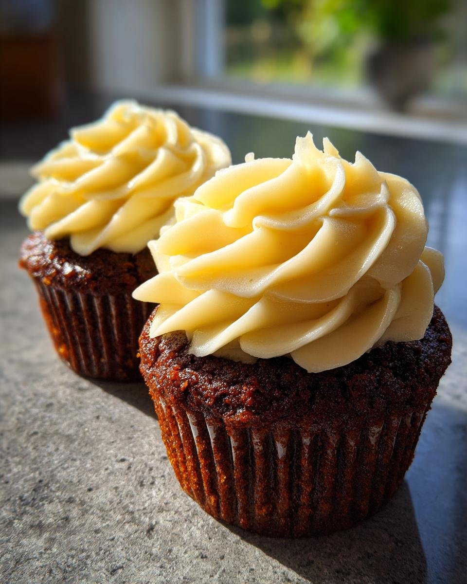 Two rich, dark Gingerbread Cupcakes Eggnog Frosting, beautifully piped, sitting on a grey countertop.