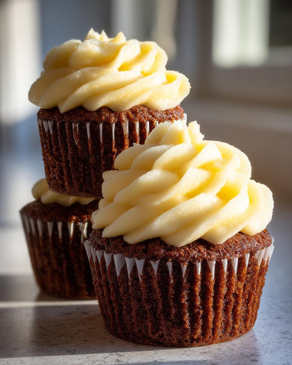 Three dark brown Gingerbread Cupcakes Eggnog Frosting stacked slightly, featuring rich swirls of pale yellow frosting.