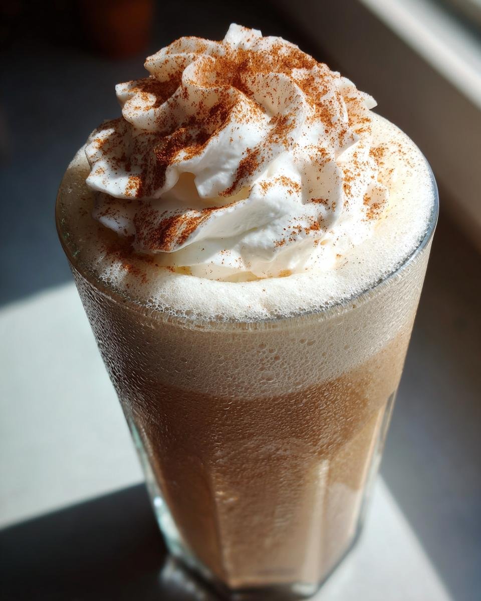 Close-up of a tall glass containing a frothy Gingerbread Eggnog Mocktail, topped with whipped cream and a dusting of cinnamon.