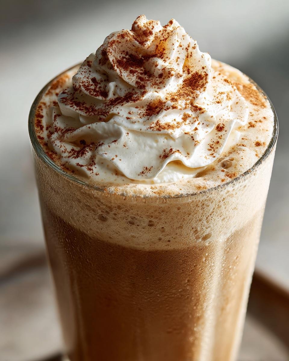 A tall, chilled glass filled with a frothy Gingerbread Eggnog Mocktail, topped generously with whipped cream and a dusting of spice.