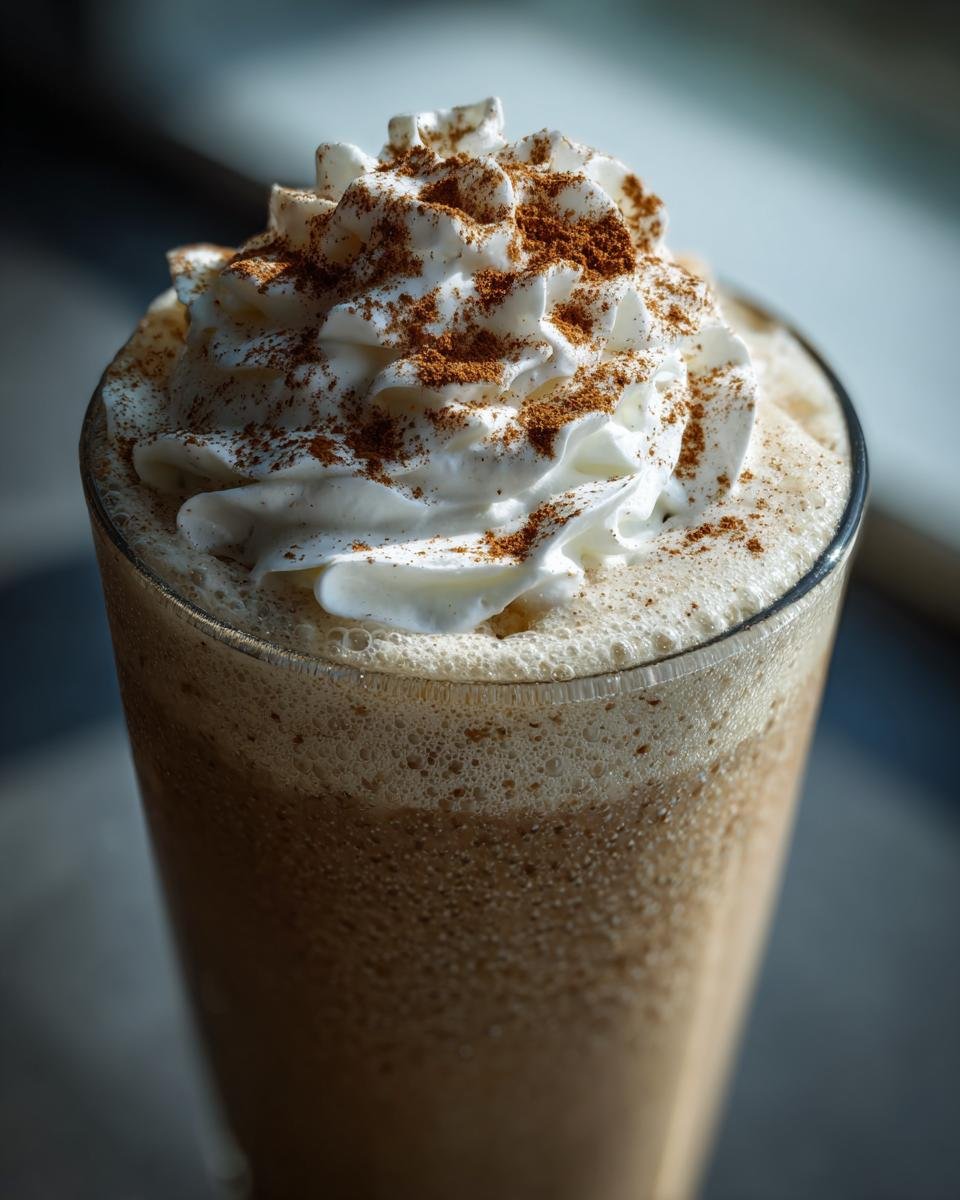 Close-up of a Gingerbread Eggnog Mocktail topped with whipped cream and cinnamon.