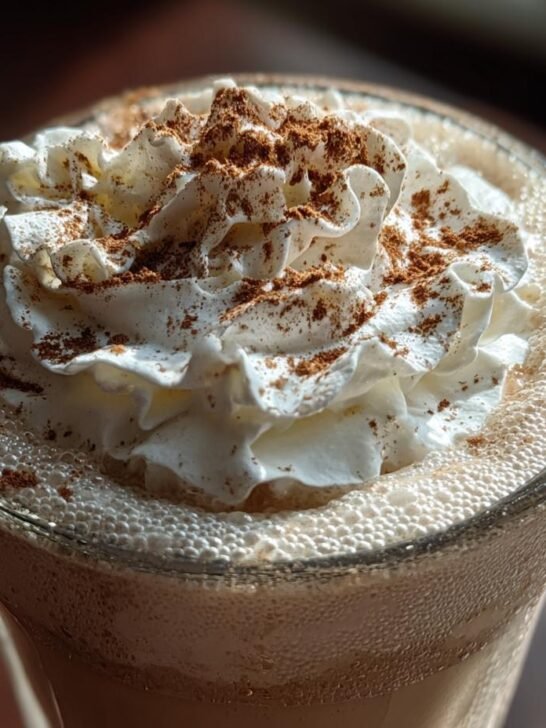 Close-up of a Gingerbread Eggnog Mocktail topped with whipped cream and cinnamon.