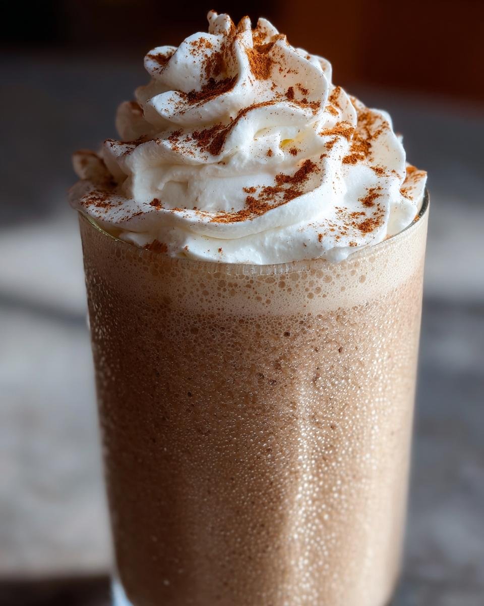 Close-up of a cold Gingerbread Eggnog Mocktail topped with whipped cream and cinnamon.