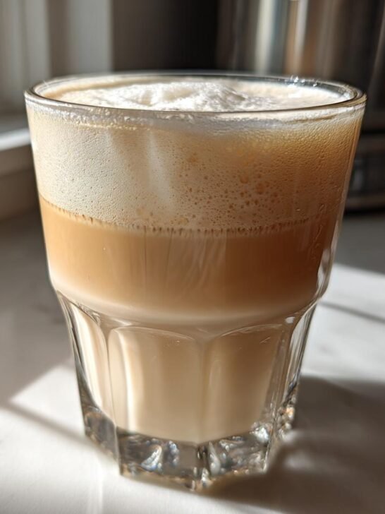 A tall glass showing layered, creamy beverage, likely Jamaican Rum Cream Alcohol Free, topped with foam.