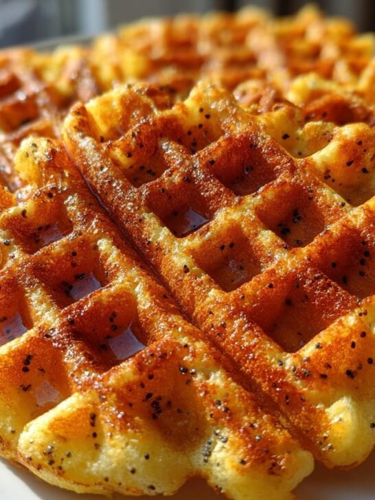 Close-up of golden brown Gluten Free Lemon Poppyseed Waffles drizzled with syrup.