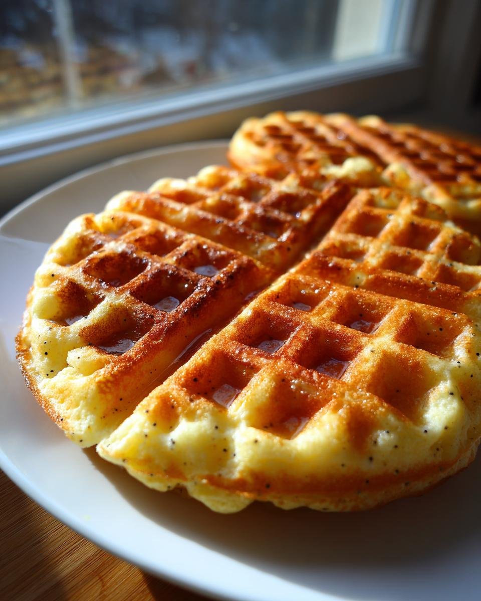 Close-up of golden Gluten Free Lemon Poppyseed Waffles drizzled with syrup on a white plate.