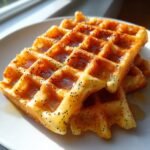 Stack of golden Gluten Free Lemon Poppyseed Waffles drizzled with syrup, showing visible poppy seeds.