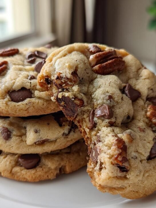 A stack of soft, thick Grandmas Chocolate Chip Pecan Cookies topped with whole pecans and chocolate chips.
