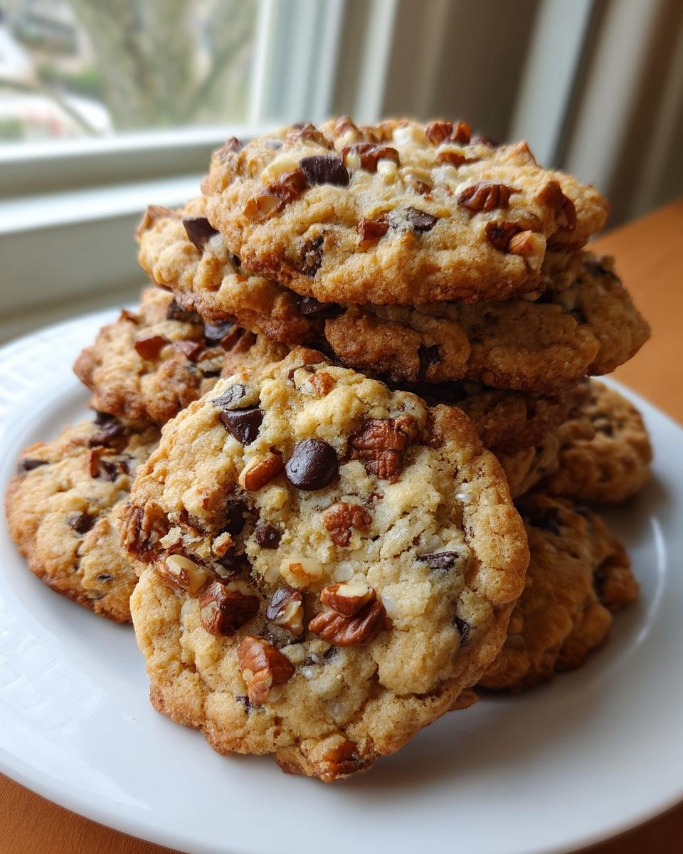 A tall stack of freshly baked Grandmas Chocolate Chip Pecan Cookies loaded with chocolate chips and pecans on a white plate.