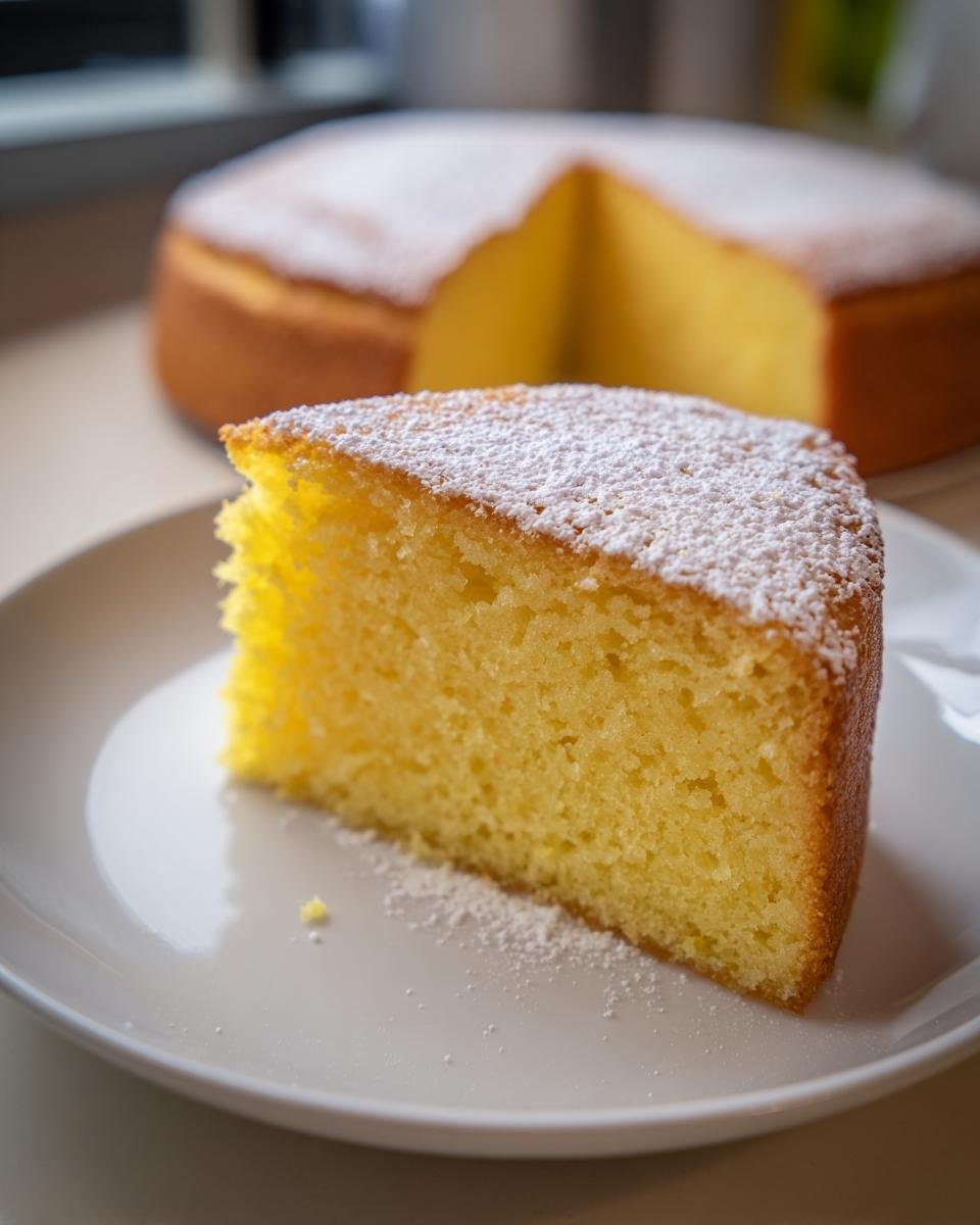 A slice of moist Grapefruit Olive Oil Cake, dusted with powdered sugar, on a white plate.