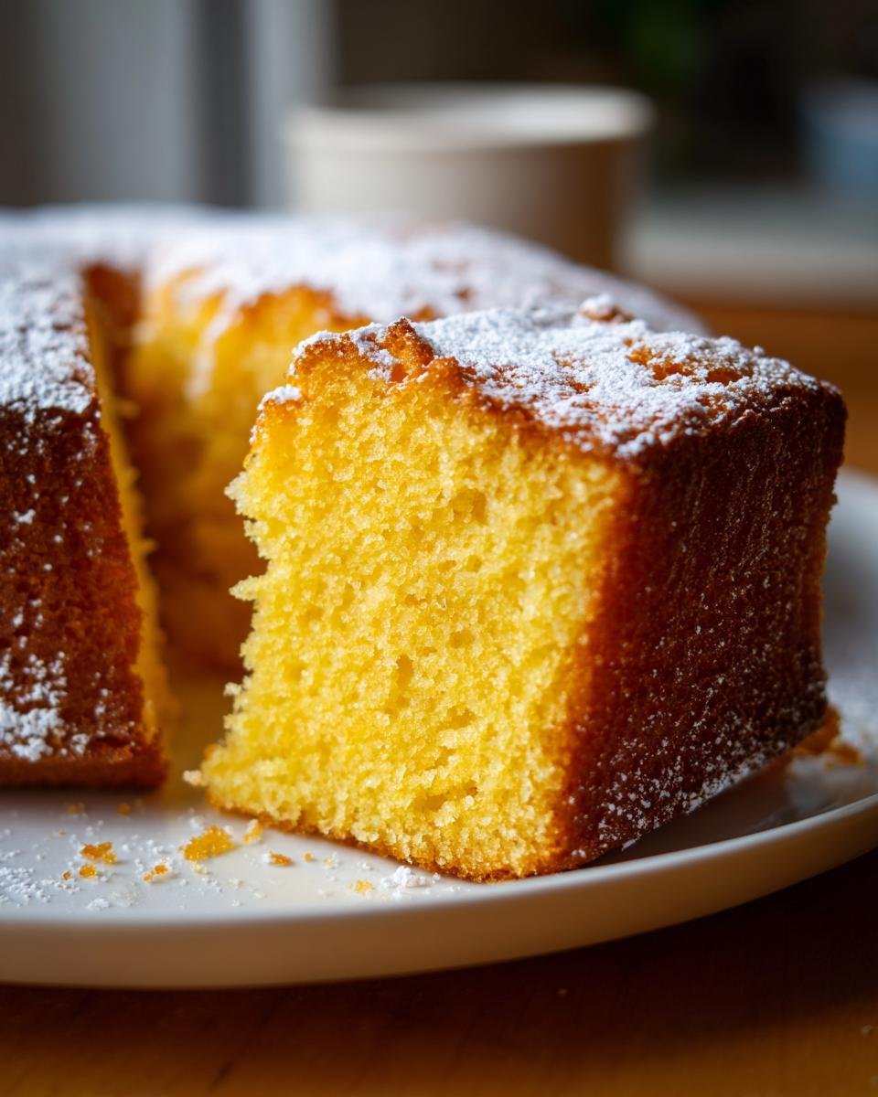 A close-up of a slice of moist Grapefruit Olive Oil Cake, dusted with powdered sugar.