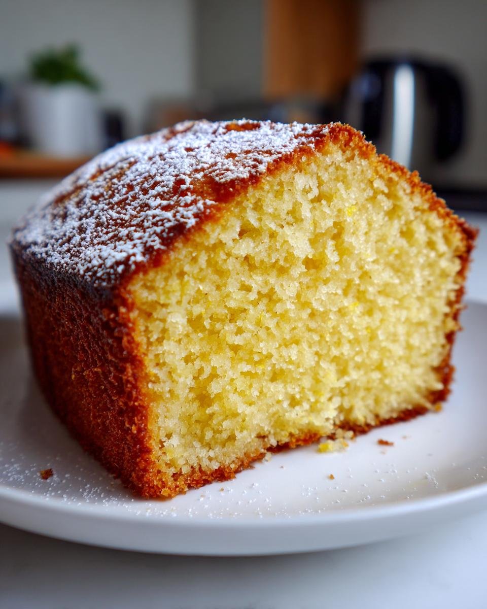 A slice of moist Grapefruit Olive Oil Cake dusted with powdered sugar on a white plate.