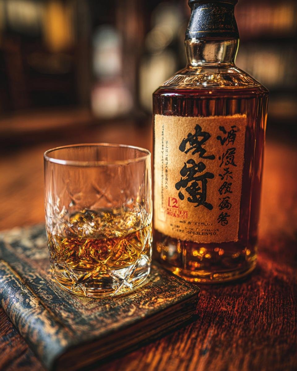 A glass of Hakushu 12 Year Whisky sits on an antique book next to its bottle.