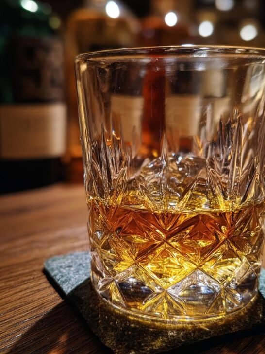 A glass of Hakushu 12 Year Whisky on a wooden table with bottles in the background.
