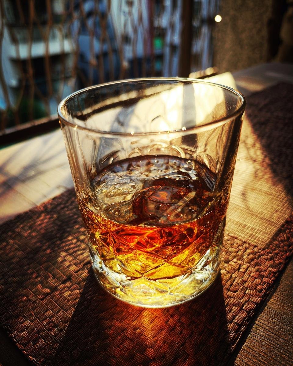 A glass of Hakushu 12 Year whisky with ice, illuminated by warm sunlight, ready for a review.