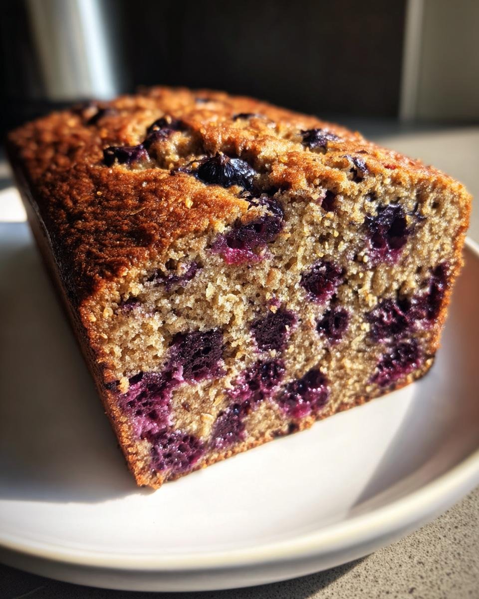 Close-up of a slice of Healthy Blueberry Oatmeal Breakfast Bread showing moist crumb and burst blueberries.