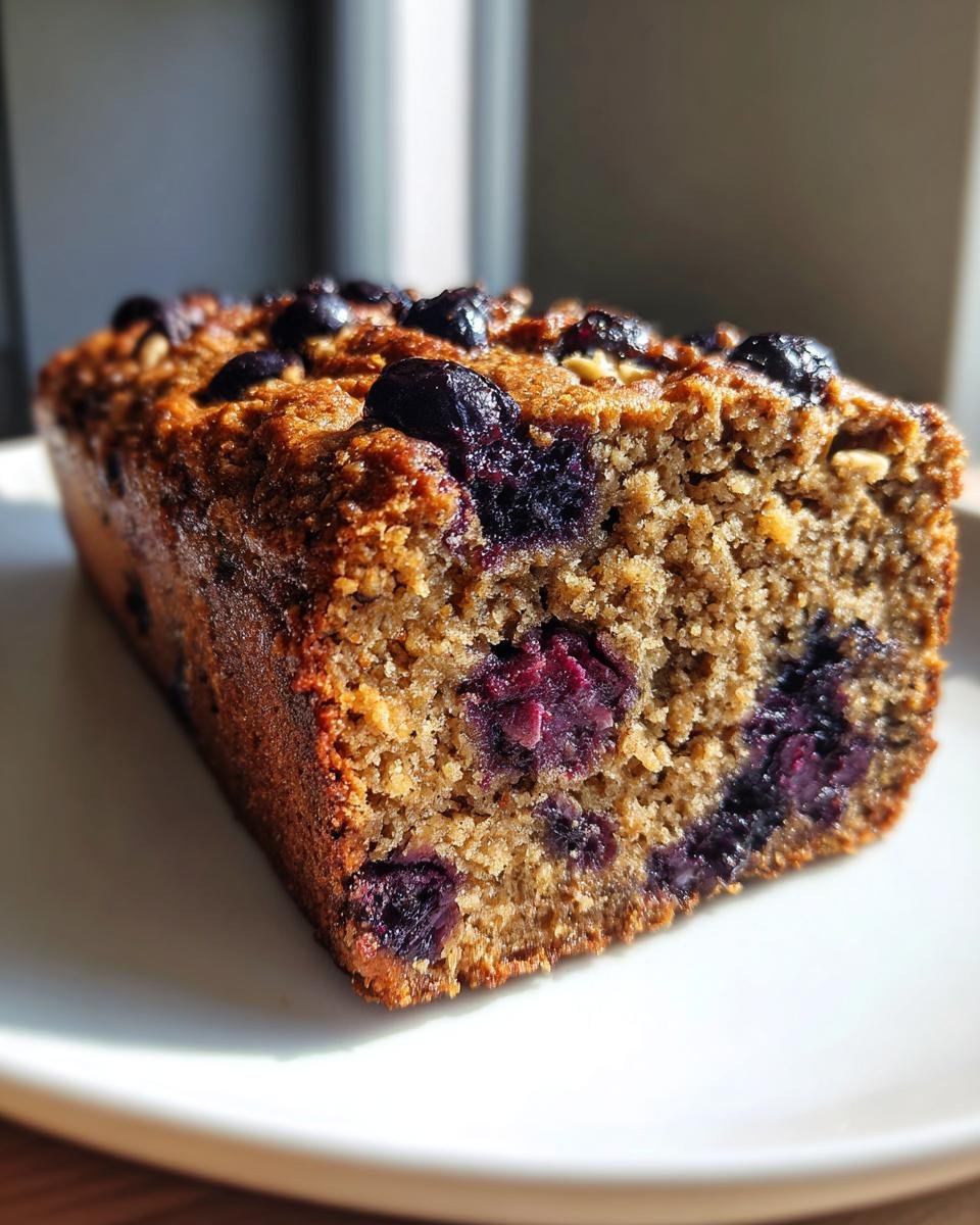 A close-up shot of a slice of Healthy Blueberry Oatmeal Breakfast Bread on a white plate.