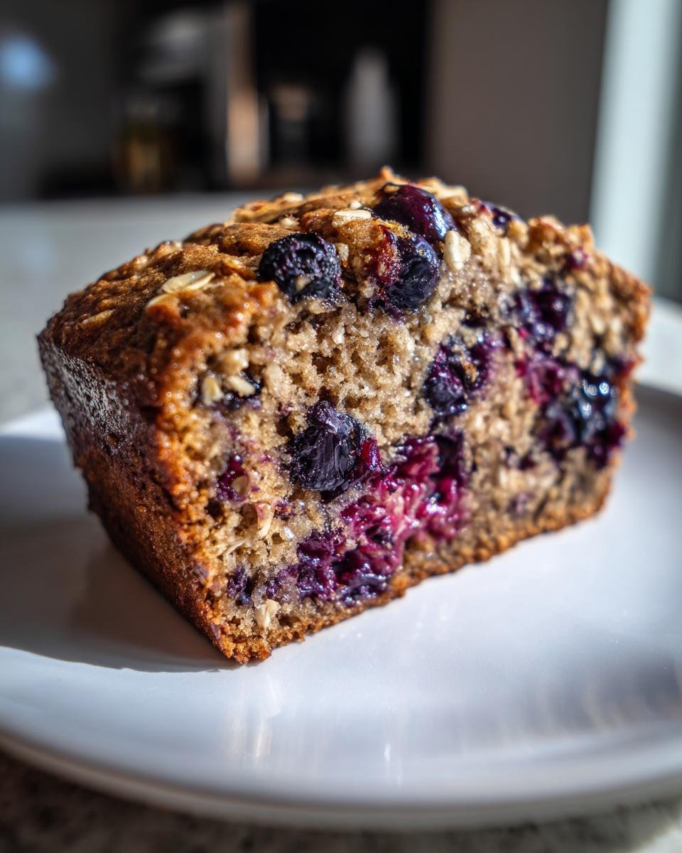 Close-up of a moist slice of Healthy Blueberry Oatmeal Breakfast Bread on a white plate.