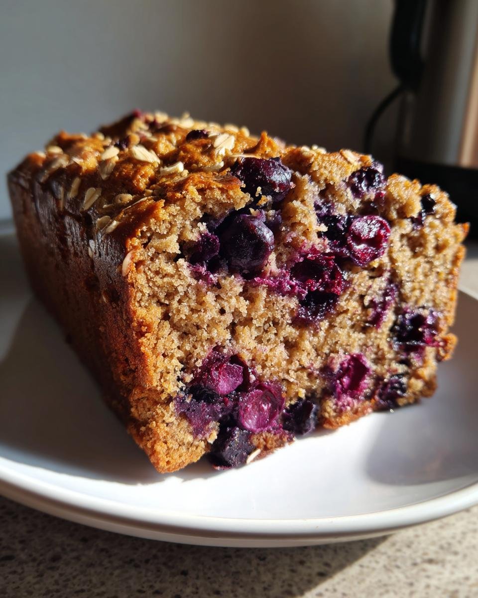 A close-up of a slice of Healthy Blueberry Oatmeal Breakfast Bread, rich with visible blueberries and oat topping.