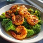 Close-up of perfectly cooked shrimp coated in a glossy sauce served over bright green broccoli florets in a white bowl.