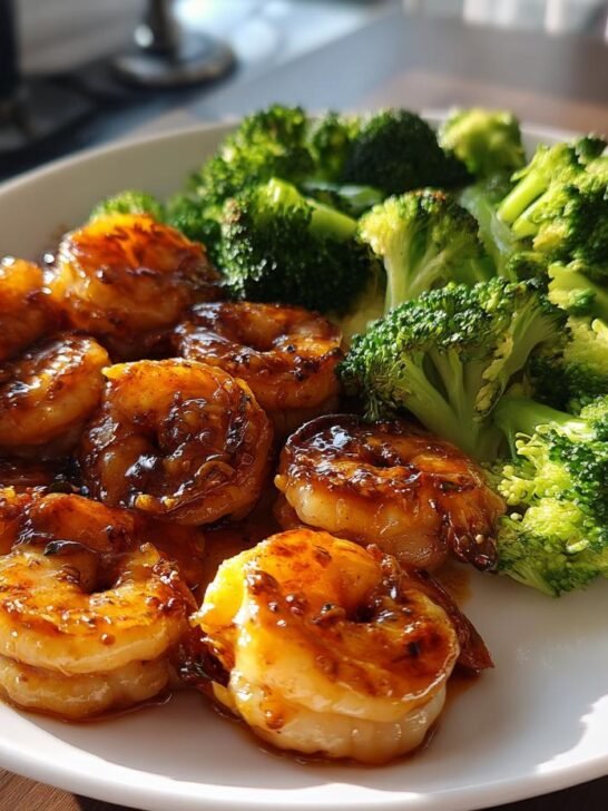 A plate featuring glistening Healthy Honey Garlic Shrimp Broccoli, perfectly cooked and glazed.