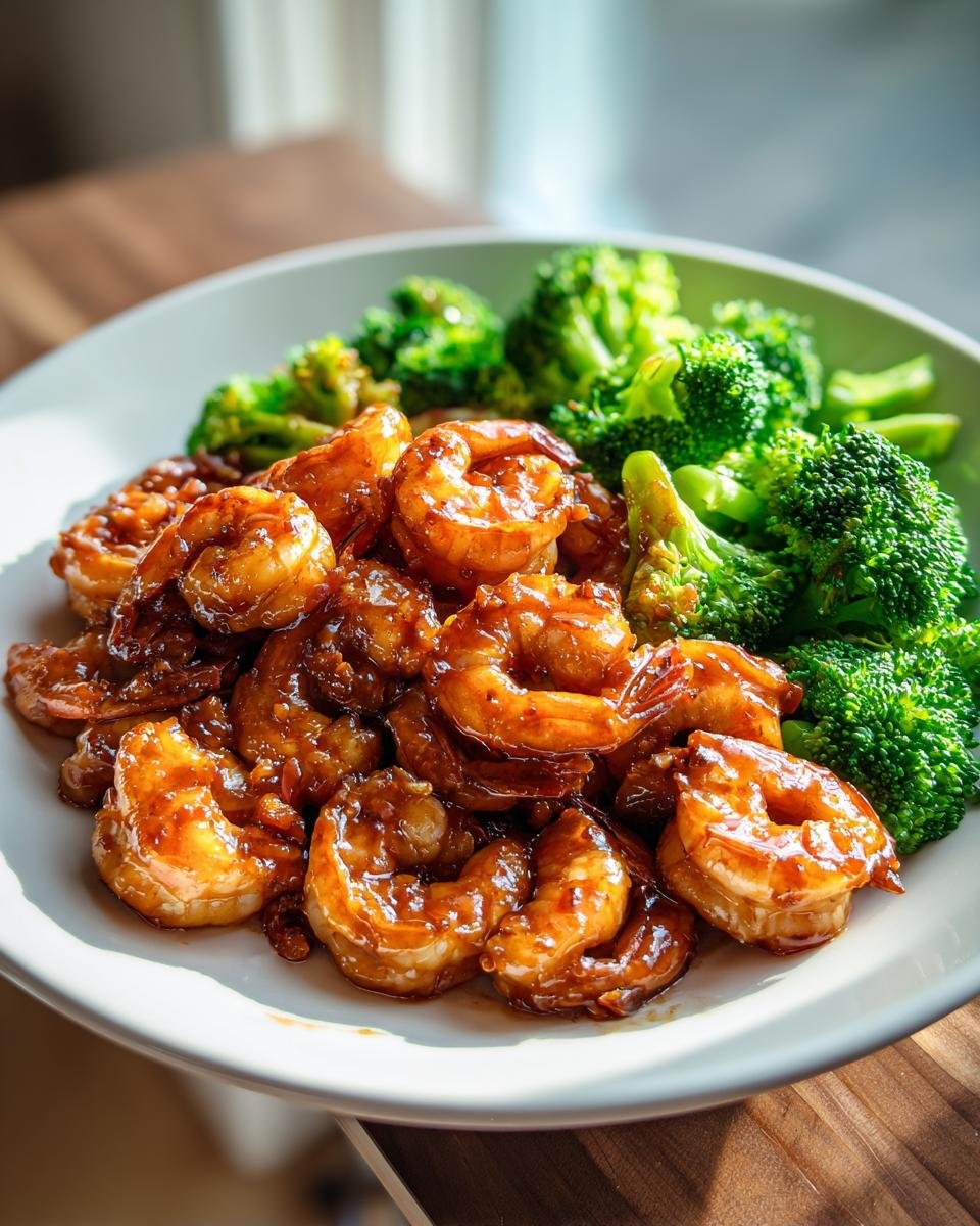 A close-up of glazed shrimp and bright green steamed broccoli, showcasing the Healthy Honey Garlic Shrimp Broccoli recipe.