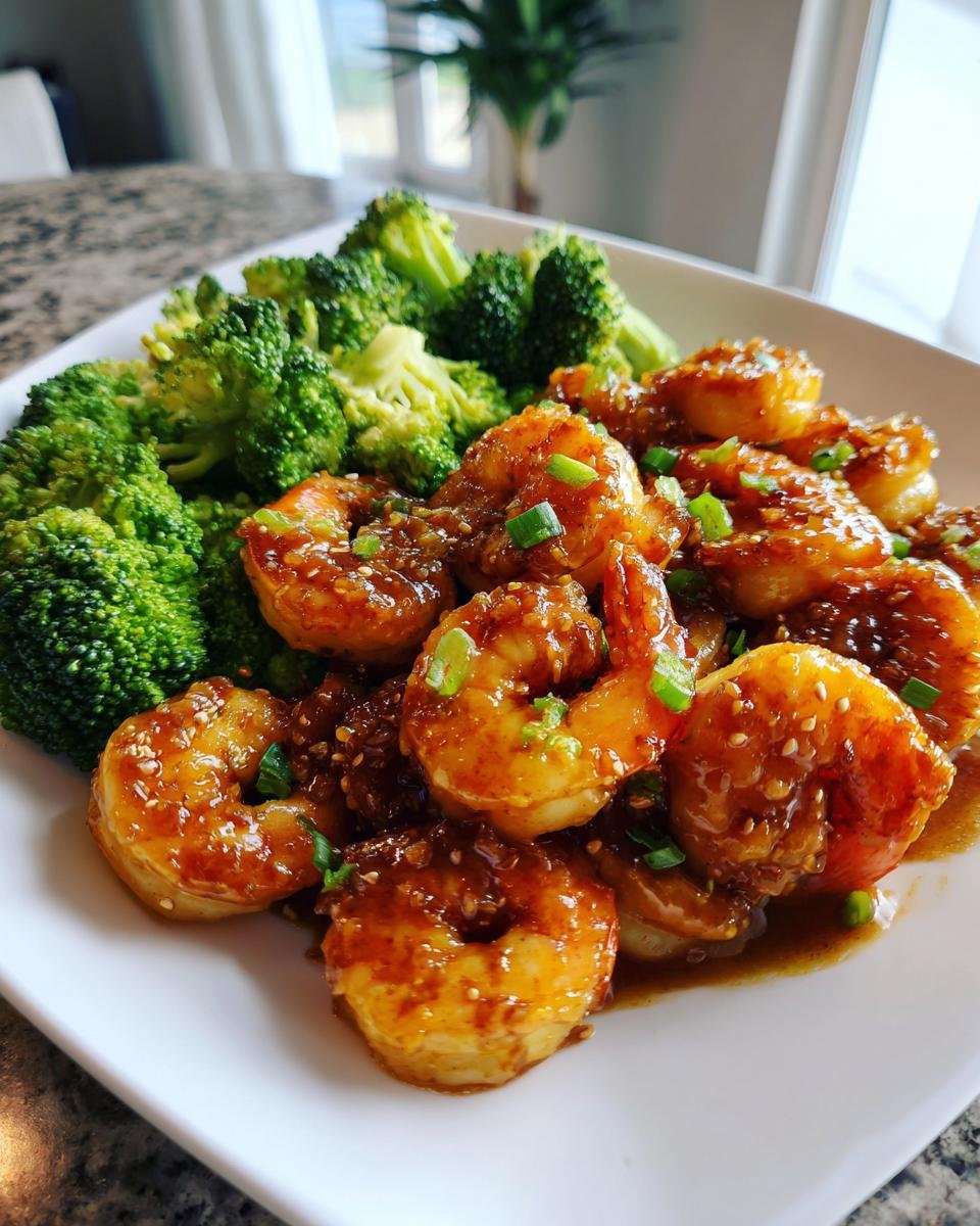 Close-up of glazed shrimp coated in honey garlic sauce served with bright green steamed broccoli.