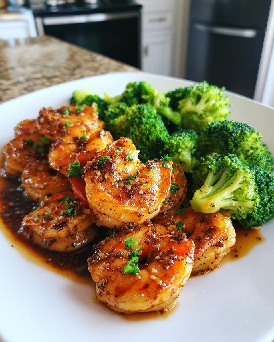 Plated serving of Healthy Honey Garlic Shrimp Broccoli, featuring glazed shrimp and bright green steamed broccoli florets.