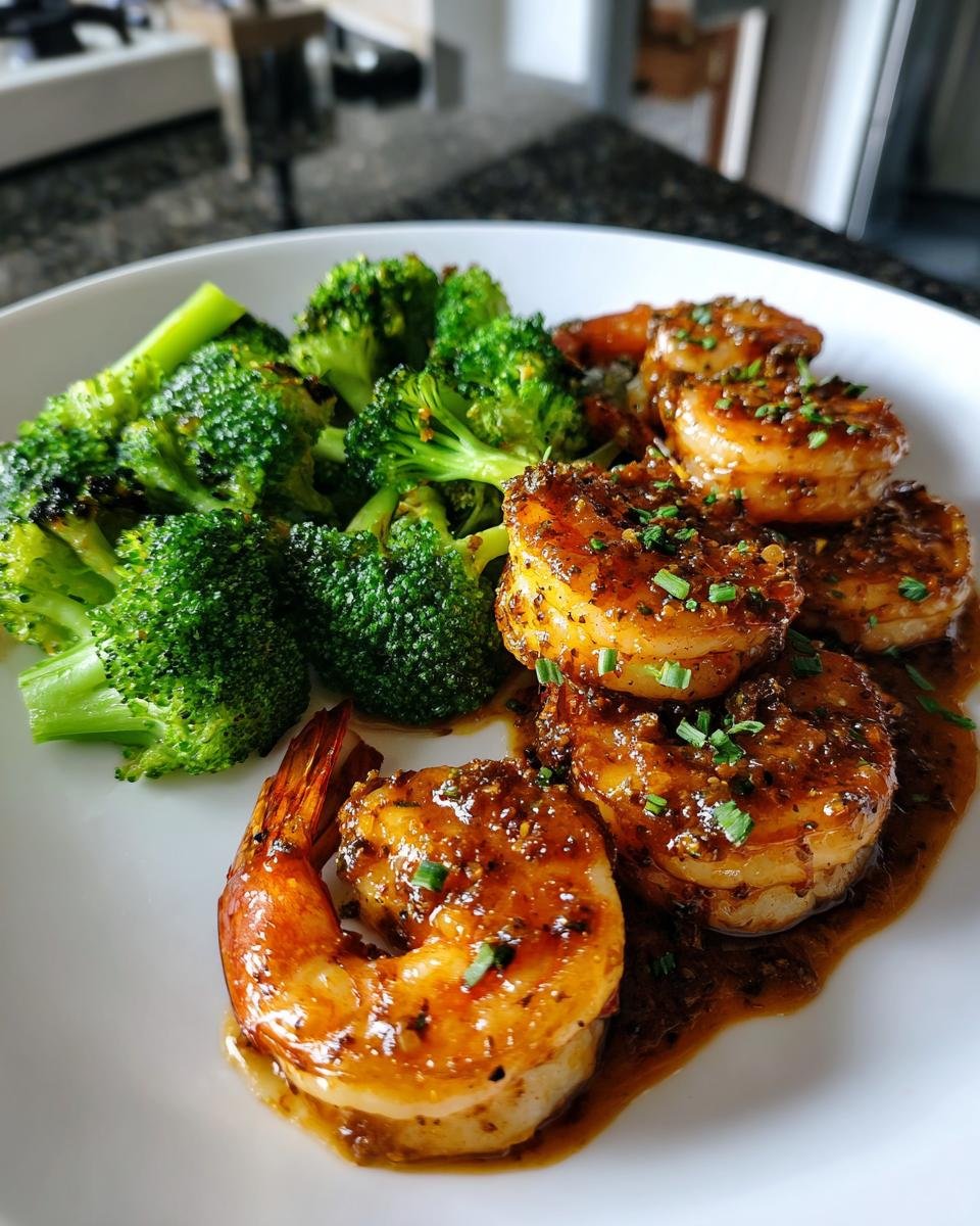 Close-up of plump shrimp coated in a rich glaze served next to bright green steamed broccoli, part of the Healthy Honey Garlic Shrimp Broccoli recipe.