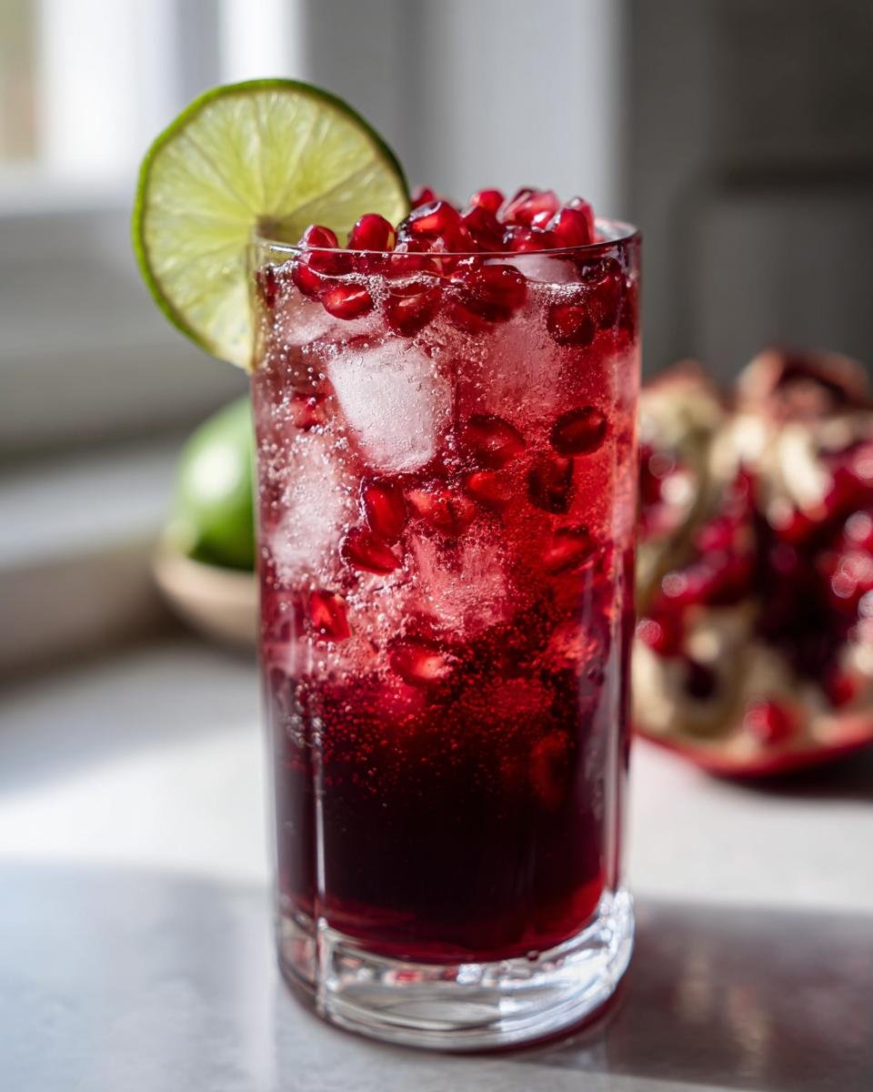 A tall glass filled with a fizzy Holiday Pomegranate Ginger Mocktail, ice, and topped with fresh pomegranate seeds and a lime wheel.