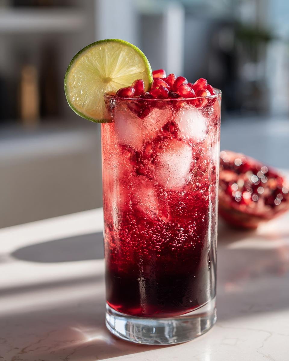 A tall glass filled with a vibrant red Holiday Pomegranate Ginger Mocktail, ice, and topped with pomegranate seeds and a lime slice.