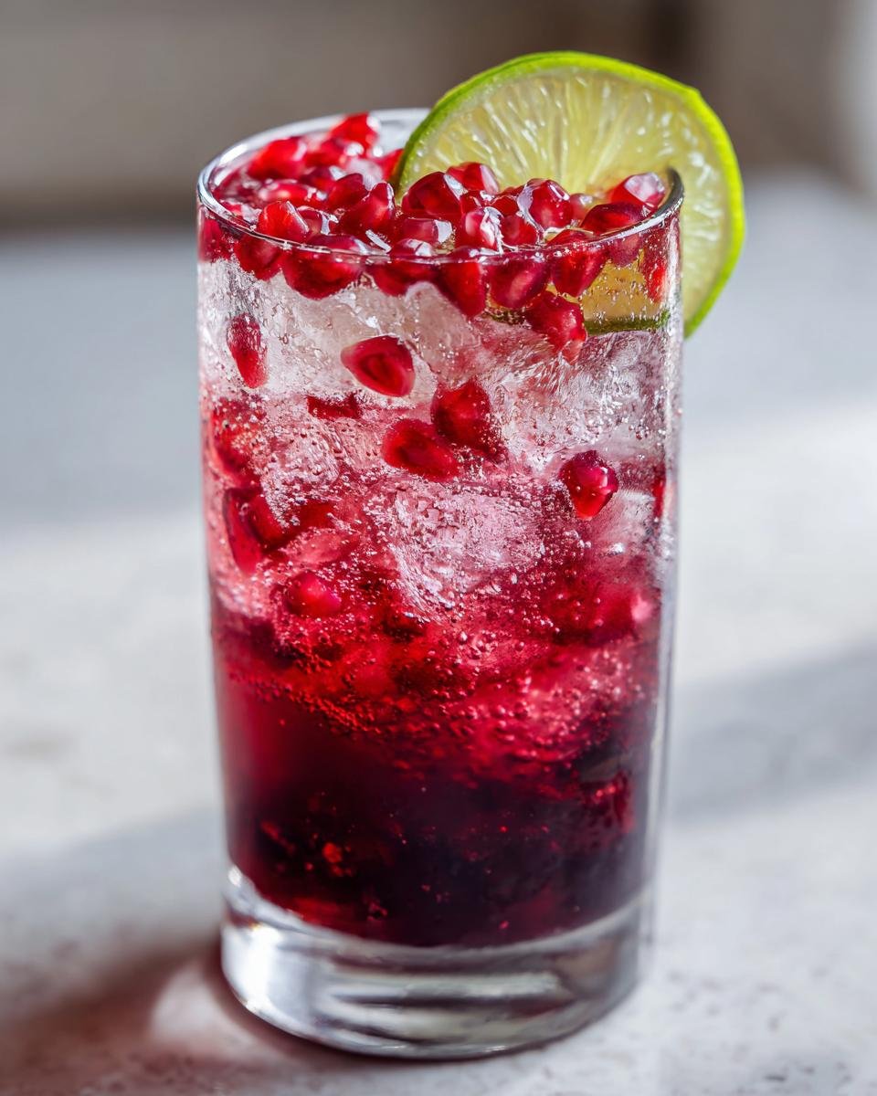 A tall glass filled with a fizzy Holiday Pomegranate Ginger Mocktail, ice, and topped with fresh pomegranate seeds and a lime slice.