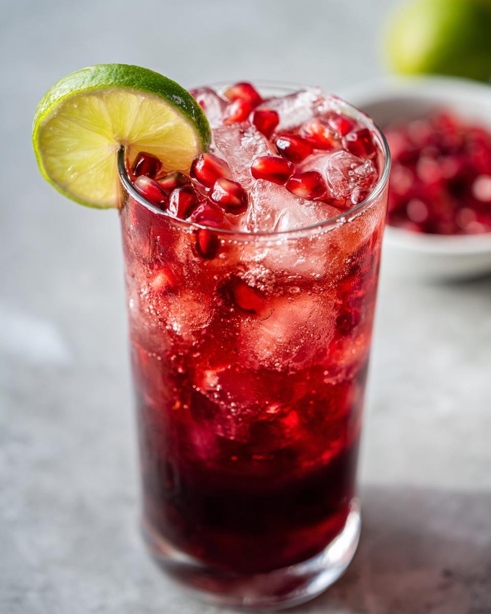 Close-up of a tall glass filled with a vibrant red Holiday Pomegranate Ginger Mocktail, ice, and lime slice garnish.