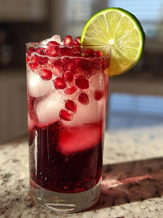 A tall glass filled with a vibrant Holiday Pomegranate Ginger Mocktail, ice, pomegranate seeds, and a lime wedge.