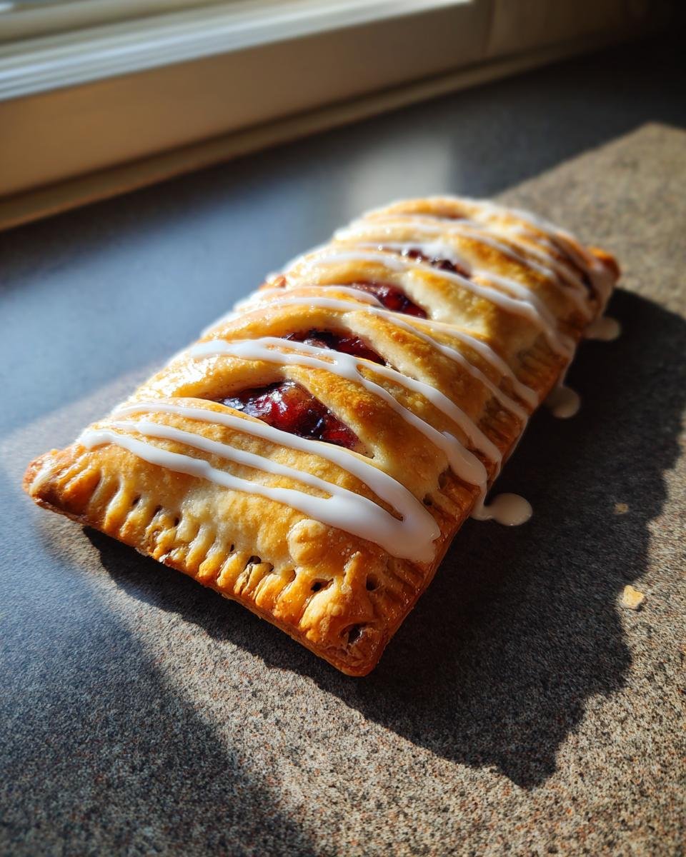 A golden-brown Homemade Blueberry Vegan Pop Tart drizzled with white icing, resting on a speckled countertop.