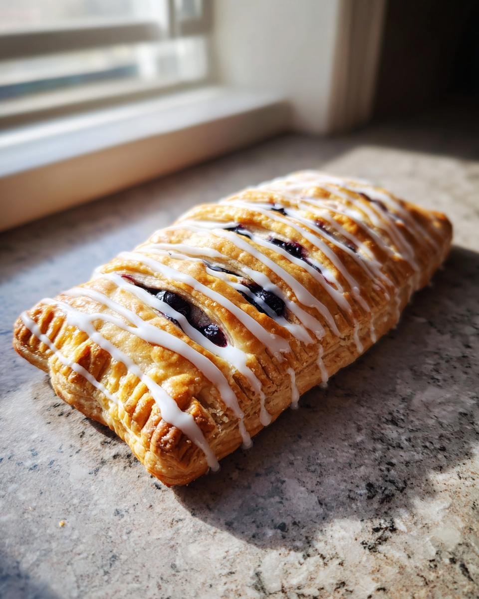 A golden-brown homemade blueberry vegan pop tart drizzled with white icing.
