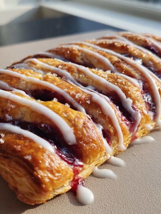 A golden-brown homemade blueberry vegan pop tart with white icing and coarse sugar.