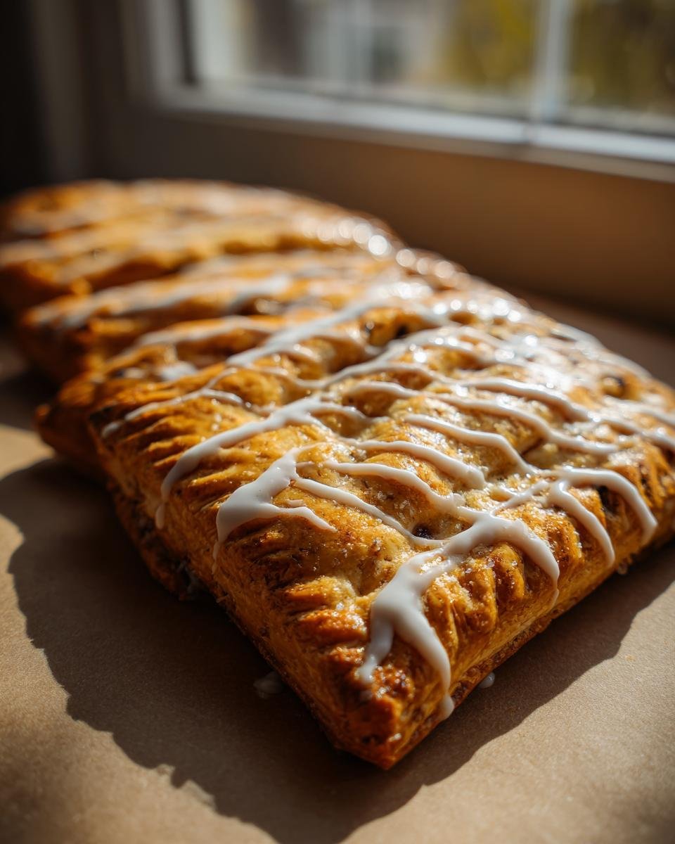 Close-up of golden-brown Homemade Blueberry Vegan Pop Tarts drizzled with white glaze.