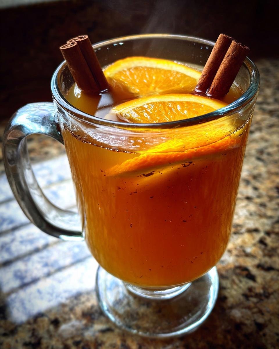 Close-up of steaming Homemade Slow Cooker Apple Cider garnished with orange slices and cinnamon sticks.