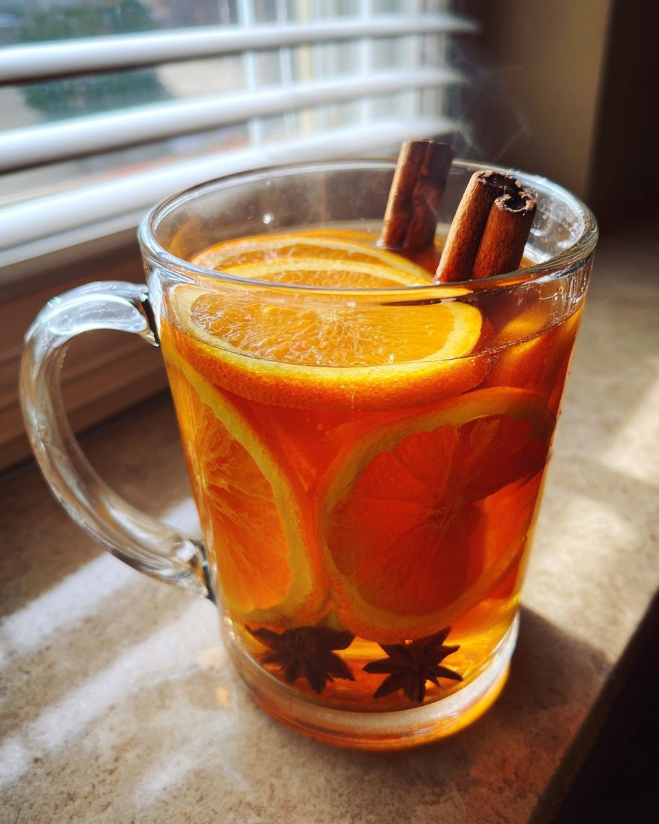 A steaming glass mug filled with Homemade Slow Cooker Apple Cider, garnished with orange slices, cinnamon sticks, and star anise.