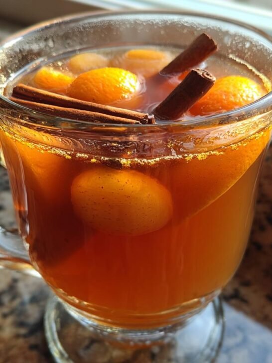 Close-up of a glass mug filled with warm Homemade Slow Cooker Apple Cider, garnished with whole spices and orange slices.