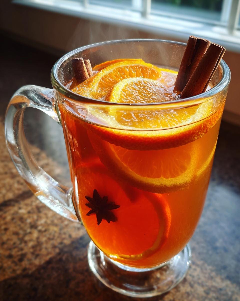 A clear glass mug filled with steaming Homemade Slow Cooker Apple Cider garnished with orange slices, cinnamon sticks, and star anise.