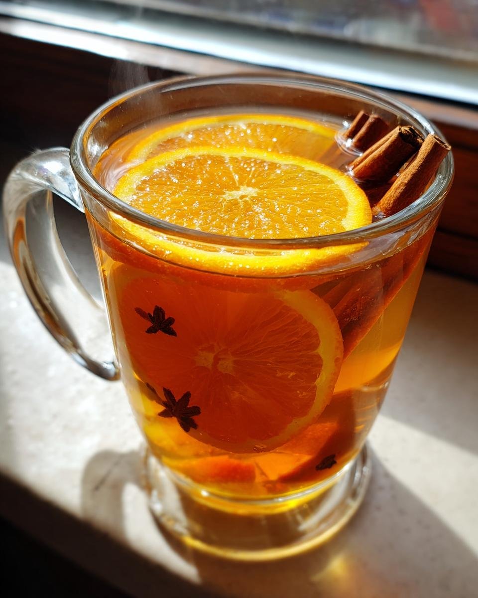 A clear mug filled with steaming Homemade Slow Cooker Apple Cider garnished with orange slices, cinnamon sticks, and star anise.
