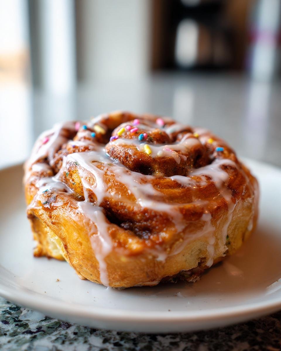 A close-up of a single homemade vegan confetti cinnamon roll, drizzled with white icing and colorful sprinkles.