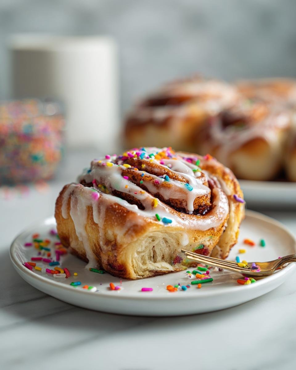 A close-up of a delicious homemade vegan confetti cinnamon roll, drizzled with icing and colorful sprinkles.
