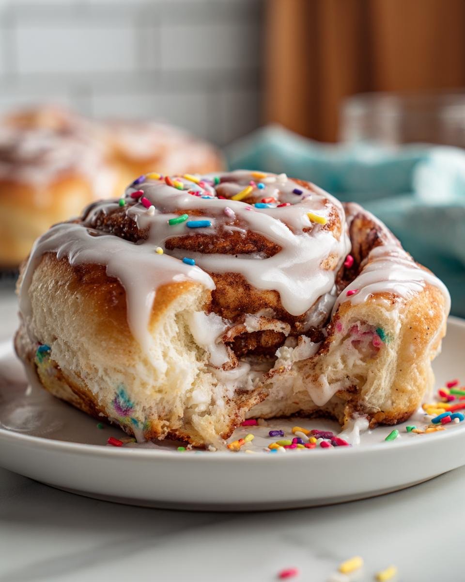 A close-up of a delicious Homemade Vegan Confetti Cinnamon Roll, partially eaten, with frosting and colorful sprinkles.