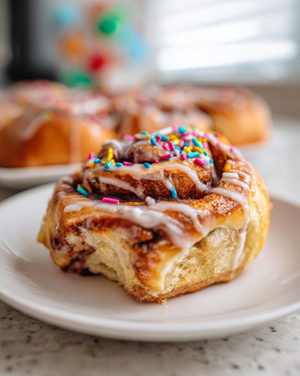 A close-up of a delicious homemade vegan confetti cinnamon roll, drizzled with icing and colorful sprinkles.