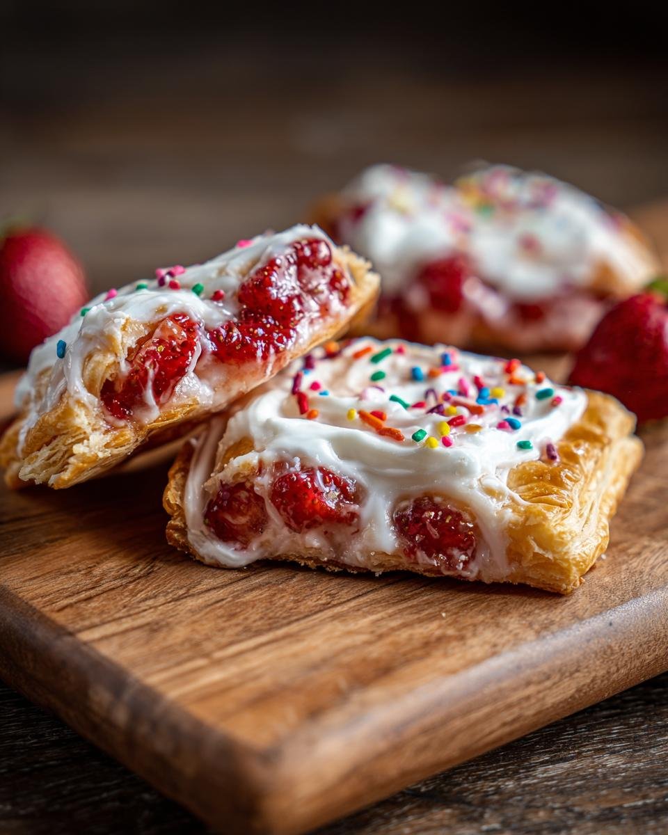 Close-up of Homemade Vegan Strawberry Pop Tarts, one cut open to reveal strawberry filling, topped with white icing and colorful sprinkles.